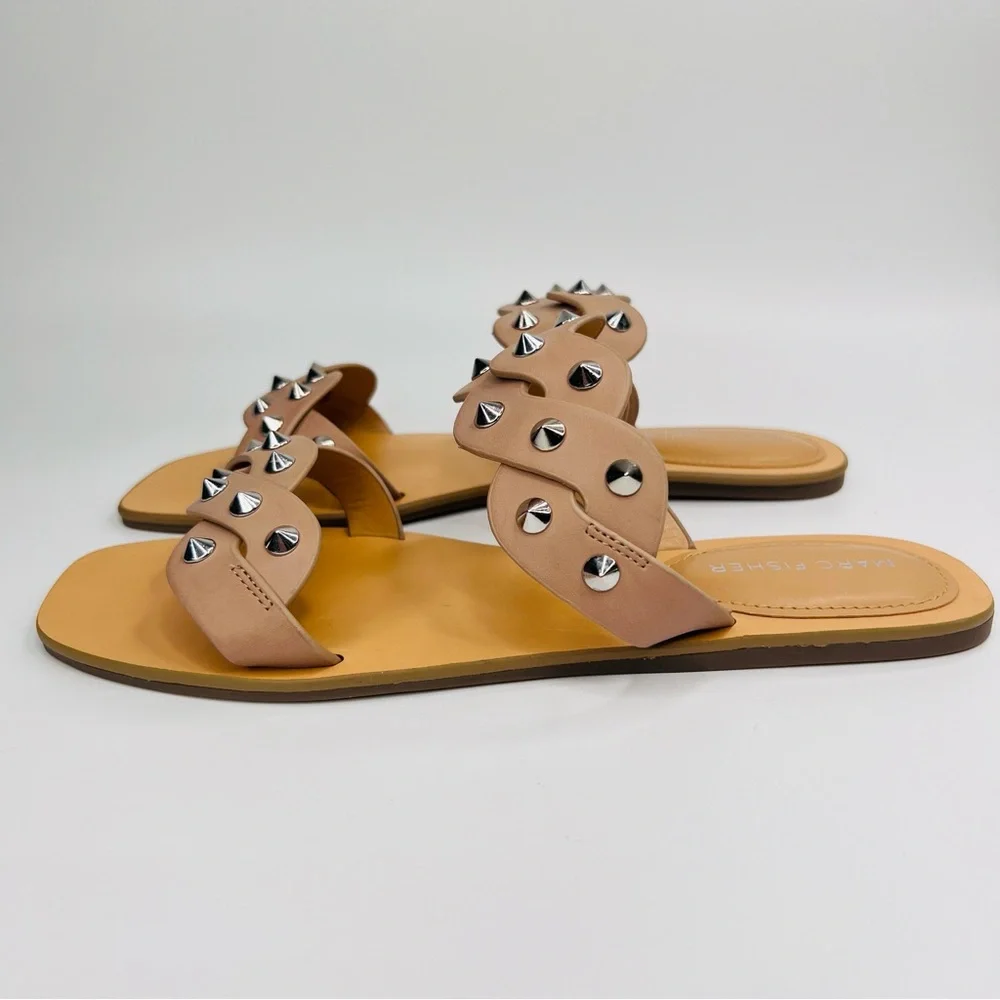 Marc Fisher Bodil Light Natural Tan Silver Studded Slide On Sandal Size …
